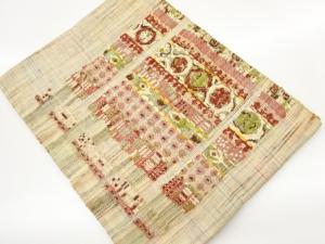 未使用品　手織り真綿紬紐通し変わり縞に抽象花模様織出し名古屋帯